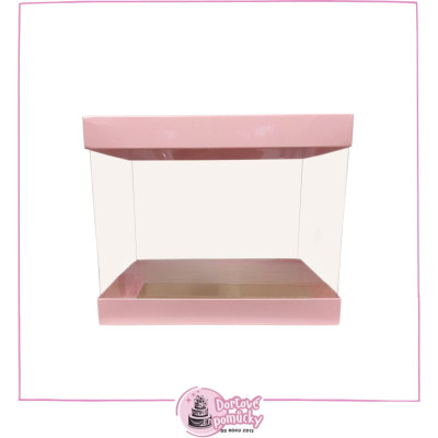 Růžová krabice na dort 30×30×25 cm | Elegantní karton s průhlednými boky