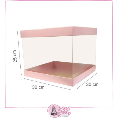 Růžová krabice na dort 30×30×25 cm | Elegantní karton s průhlednými boky