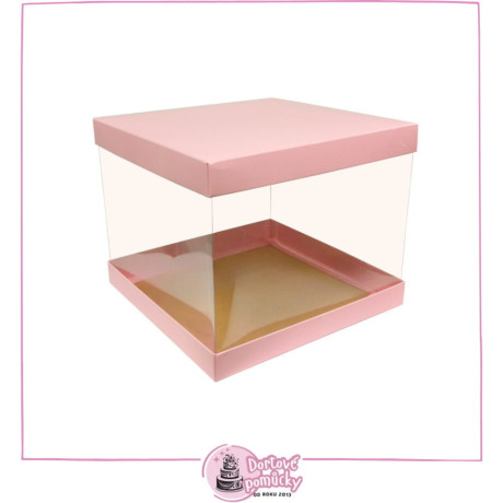 Růžová krabice na dort 30×30×25 cm | Elegantní karton s průhlednými boky