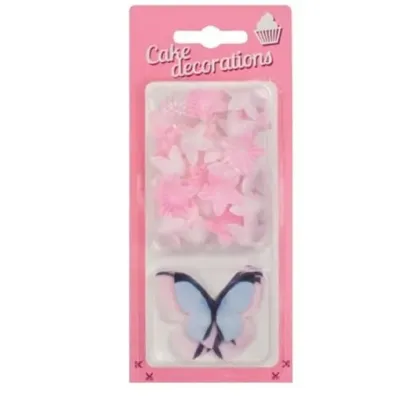 Oplatkoví motýlci s mini růžovými květy – jedlá dekorace 30 ks
